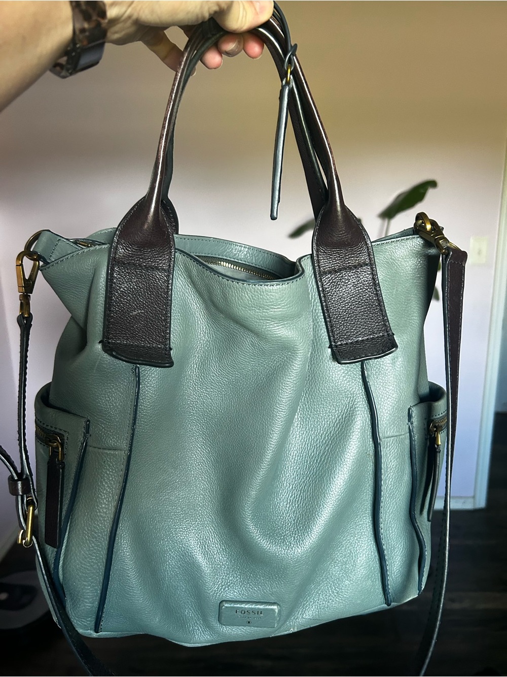 Fossil Seafoam Green Leather Shoulder Tote with Dark Brown Trim